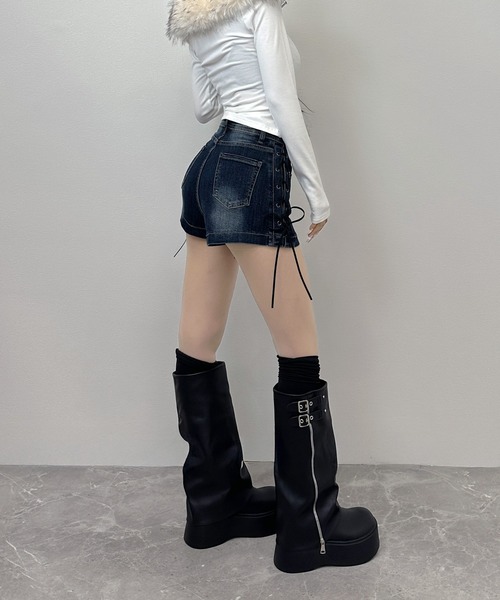 FOLLOWIN（フォロウィン）の「【 インパン裏地付き 】サイドレースアップデニムミニスカート（デニムスカート・レディース・ブルー/ブラック・MEDIUM/SMALL/LARGE）」の18枚目の写真