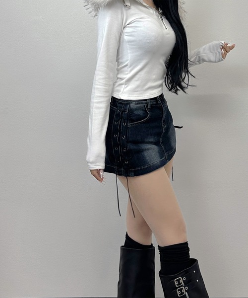 FOLLOWIN（フォロウィン）の「【 インパン裏地付き 】サイドレースアップデニムミニスカート（デニムスカート・レディース・ブルー/ブラック・MEDIUM/SMALL/LARGE）」の8枚目の写真