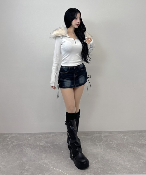 FOLLOWIN（フォロウィン）の「【 インパン裏地付き 】サイドレースアップデニムミニスカート（デニムスカート・レディース・ブルー/ブラック・MEDIUM/SMALL/LARGE）」の15枚目の写真