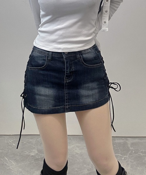 FOLLOWIN（フォロウィン）の「【 インパン裏地付き 】サイドレースアップデニムミニスカート（デニムスカート・レディース・ブルー/ブラック・MEDIUM/SMALL/LARGE）」の10枚目の写真