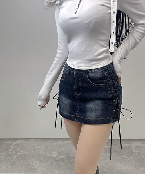 FOLLOWIN（フォロウィン）の「【 インパン裏地付き 】サイドレースアップデニムミニスカート（デニムスカート・レディース・ブルー/ブラック・MEDIUM/SMALL/LARGE）」の11枚目の写真