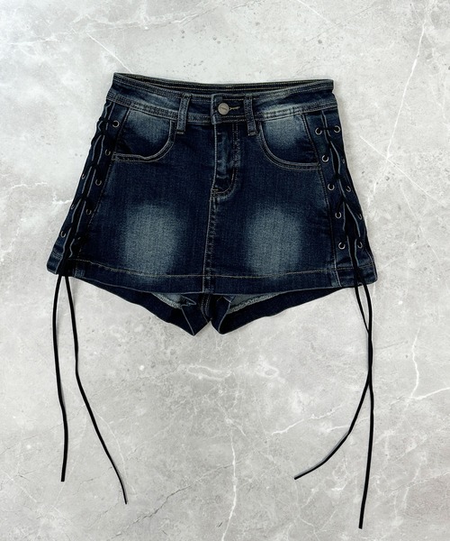 FOLLOWIN（フォロウィン）の「【 インパン裏地付き 】サイドレースアップデニムミニスカート（デニムスカート・レディース・ブルー/ブラック・MEDIUM/SMALL/LARGE）」の6枚目の写真