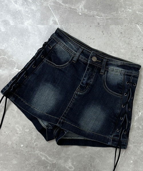 FOLLOWIN（フォロウィン）の「【 インパン裏地付き 】サイドレースアップデニムミニスカート（デニムスカート・レディース・ブルー/ブラック・MEDIUM/SMALL/LARGE）」の4枚目の写真