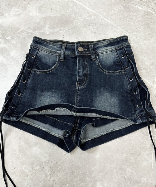 FOLLOWIN（フォロウィン）の「【 インパン裏地付き 】サイドレースアップデニムミニスカート（デニムスカート・レディース・ブルー/ブラック・MEDIUM/SMALL/LARGE）」の5枚目の写真