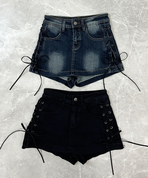 FOLLOWIN（フォロウィン）の「【 インパン裏地付き 】サイドレースアップデニムミニスカート（デニムスカート・レディース・ブルー/ブラック・MEDIUM/SMALL/LARGE）」の12枚目の写真
