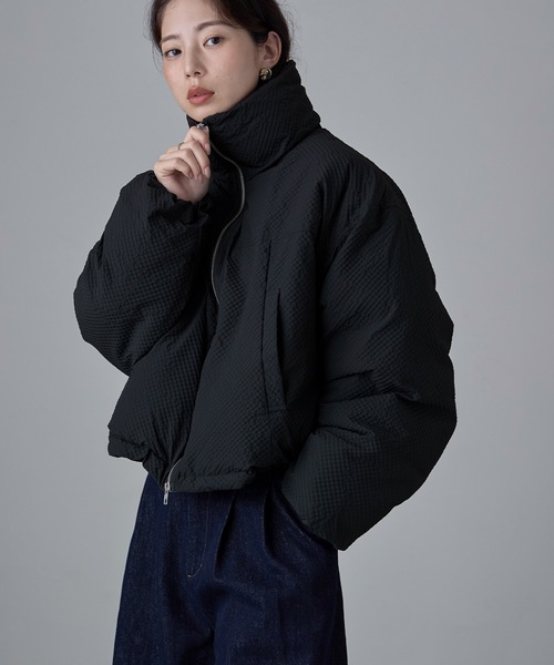 チェック柄リップルショートパフブルゾン