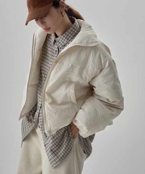 セール】チェック柄リップルショートパフブルゾン（ダウンジャケット