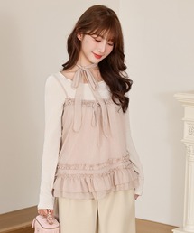 Anely（アネリー）の「ドット フリル キャミソール トップス 2点セット（Tシャツ/カットソー）」