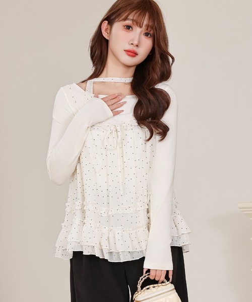 Anely(アネリー)の「ドット フリル キャミソール トップス 2点セット(Tシャツ/カットソー・レディース・ピンク/アイボリー・FREE)」の2枚目の写真