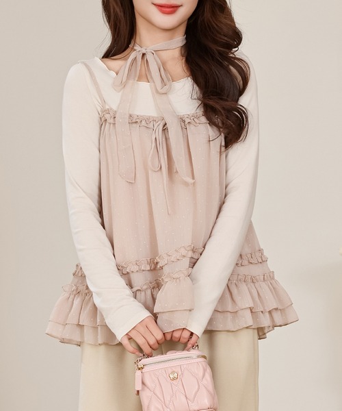 Anely(アネリー)の「ドット フリル キャミソール トップス 2点セット(Tシャツ/カットソー・レディース・ピンク/アイボリー・FREE)」の3枚目の写真