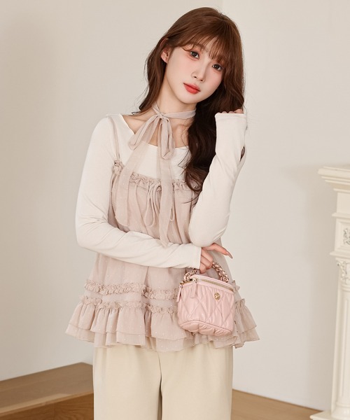 セール】ドット フリル キャミソール トップス 2点セット（Tシャツ