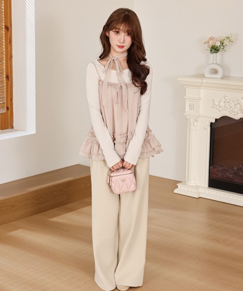 Anely(アネリー)の「ドット フリル キャミソール トップス 2点セット(Tシャツ/カットソー・レディース・ピンク/アイボリー・FREE)」の5枚目の写真