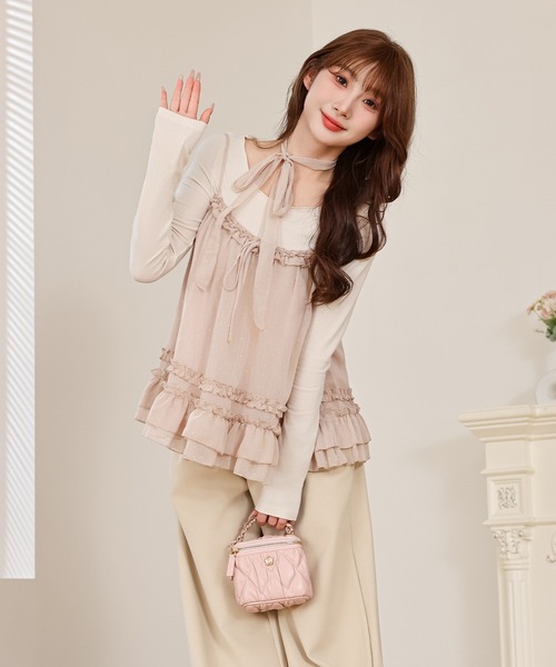 Anely(アネリー)の「ドット フリル キャミソール トップス 2点セット(Tシャツ/カットソー・レディース・ピンク/アイボリー・FREE)」の7枚目の写真