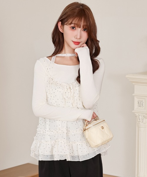 Anely(アネリー)の「ドット フリル キャミソール トップス 2点セット(Tシャツ/カットソー・レディース・ピンク/アイボリー・FREE)」の10枚目の写真