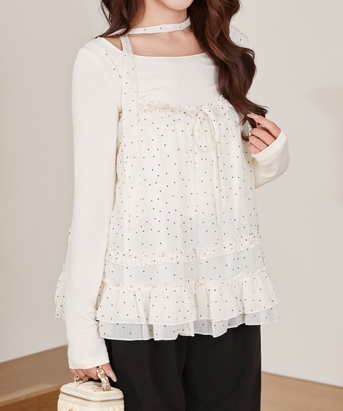 Anely(アネリー)の「ドット フリル キャミソール トップス 2点セット(Tシャツ/カットソー・レディース・ピンク/アイボリー・FREE)」の12枚目の写真