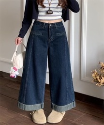 脇切り替え裾ロールアープワイドデニムパンツ