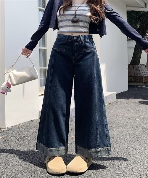 Dream garden（ドリームガーデン）の「脇切り替え裾ロールアープワイドデニムパンツ（デニムパンツ・レディース・インディゴブルー・S/L/XL/4XL/M/2XL/3XL/5XL）」の4枚目の写真
