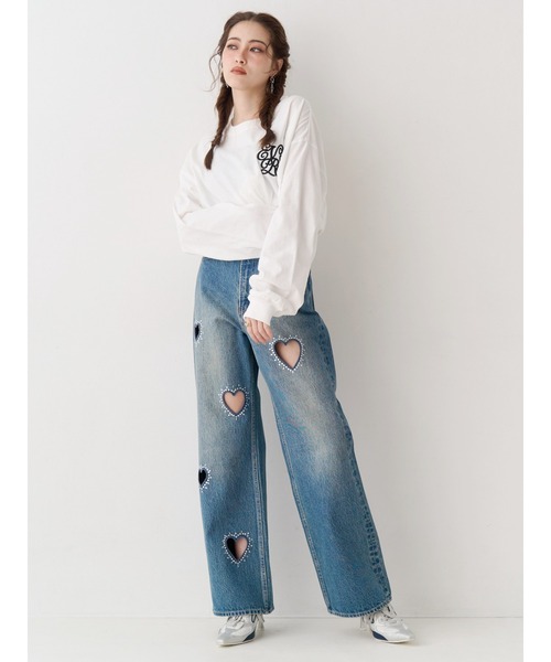 EVRIS(エヴリス)の「【着用動画あり】ビジューハートカッティングワイドデニムパンツ 春服(デニムパンツ・レディース・ブラック/ブルー・SMALL/MEDIUM)」の10枚目の写真