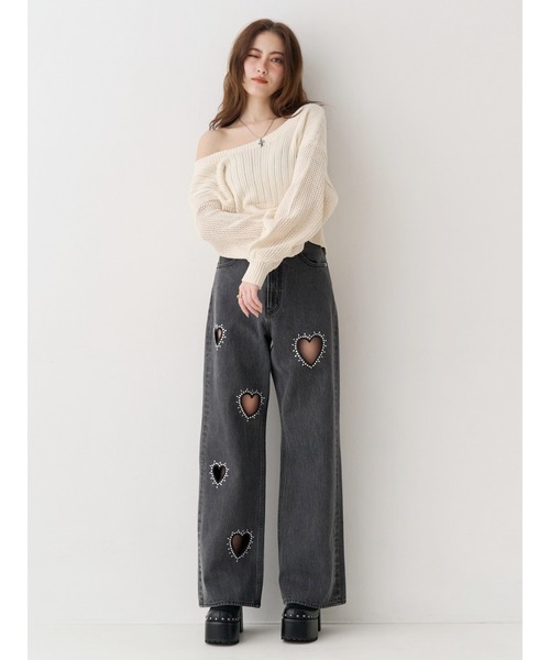 EVRIS（エヴリス）の「ビジューハートカッティングワイドデニムパンツ（デニムパンツ・レディース・ブラック/ブルー・SMALL/MEDIUM）」の6枚目の写真