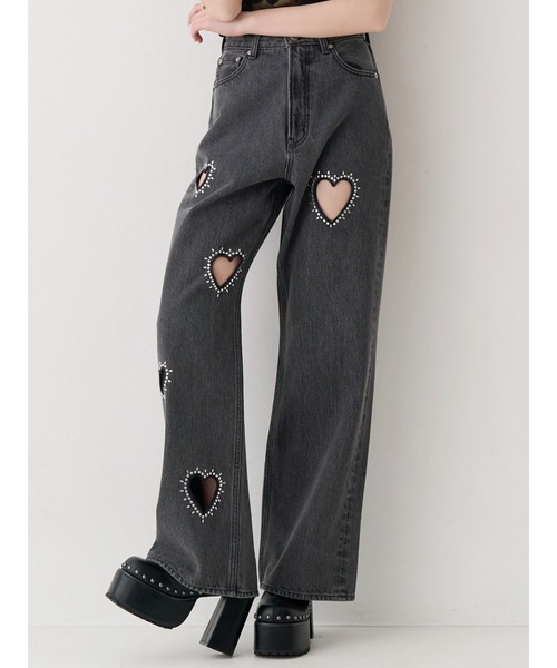 EVRIS（エヴリス）の「ビジューハートカッティングワイドデニムパンツ（デニムパンツ・レディース・ブラック/ブルー・SMALL/MEDIUM）」の11枚目の写真