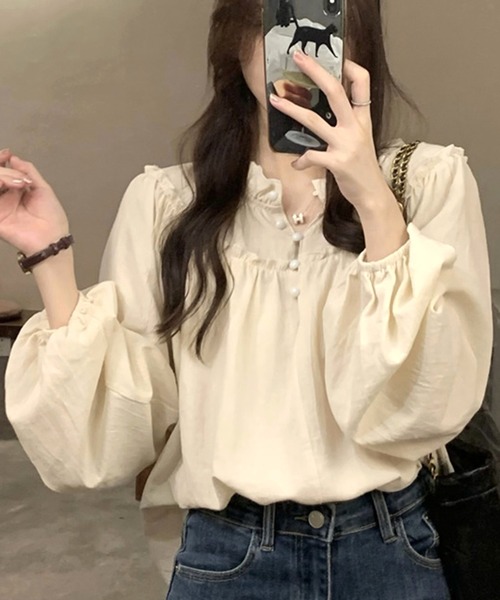 Amulet（アミュレット）の「軽やかに揺れて女性らしく◎フリルネックボリュームスリーブブラウス（シャツ/ブラウス・レディース・ブラック/アイボリー・S/XL/M/L）」の18枚目の写真
