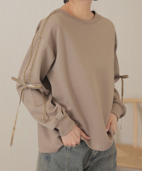 クルーネック 袖リボン オーバーサイズ 長袖 トップス（Tシャツ