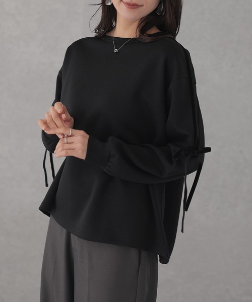 クルーネック 袖リボン オーバーサイズ 長袖 トップス（Tシャツ