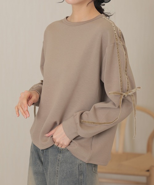 クルーネック 袖リボン オーバーサイズ 長袖 トップス（Tシャツ