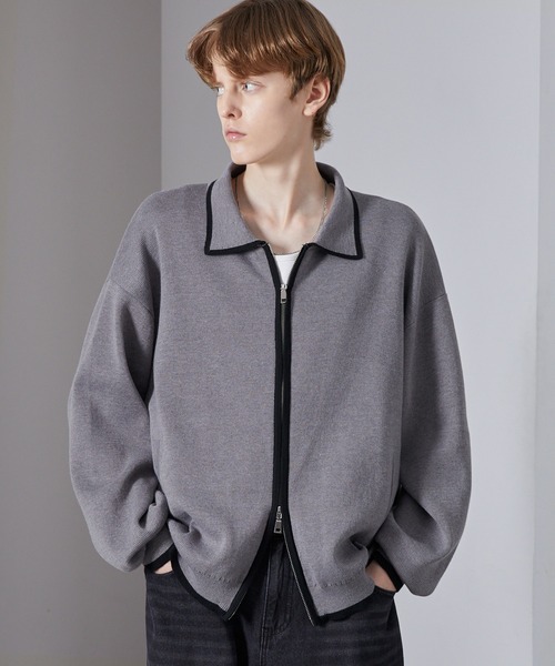 Loose/ルース（ルース）の「配色ライン ショートダブルジップニットカーデ（カーディガン/ボレロ・メンズ・ブラック/グレー/ピンク・S/L/M）」の2枚目の写真