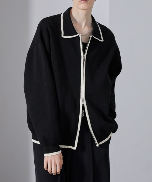 Loose/ルース（ルース）の「配色ライン ショートダブルジップニットカーデ（カーディガン/ボレロ・メンズ・ブラック/グレー/ピンク・S/L/M）」の5枚目の写真
