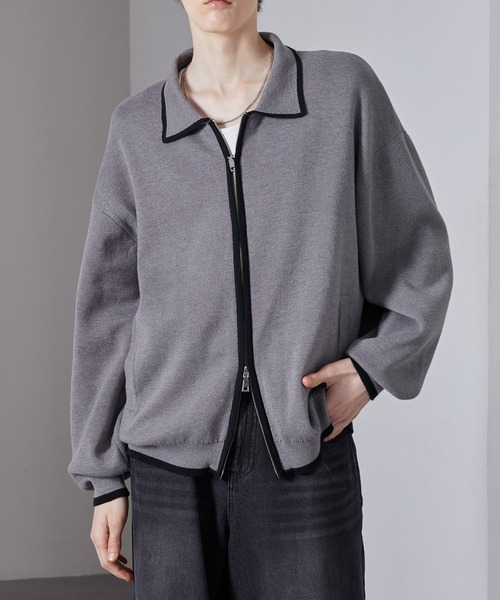 Loose/ルース（ルース）の「配色ライン ショートダブルジップニットカーデ（カーディガン/ボレロ・メンズ・ブラック/グレー/ピンク・S/L/M）」の13枚目の写真