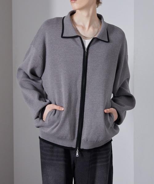 Loose/ルース（ルース）の「配色ライン ショートダブルジップニットカーデ（カーディガン/ボレロ・メンズ・ブラック/グレー/ピンク・S/L/M）」の14枚目の写真