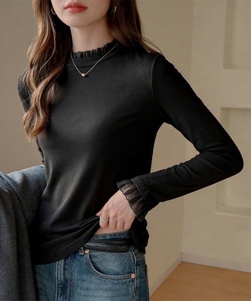 ReRe(リリ)の「フリルネック×袖口デザインカットソー(Tシャツ/カットソー・レディース・グレー/ブラック・MEDIUM)」の10枚目の写真