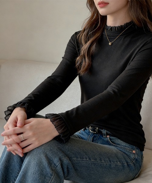 ReRe(リリ)の「フリルネック×袖口デザインカットソー(Tシャツ/カットソー・レディース・グレー/ブラック・MEDIUM)」の11枚目の写真