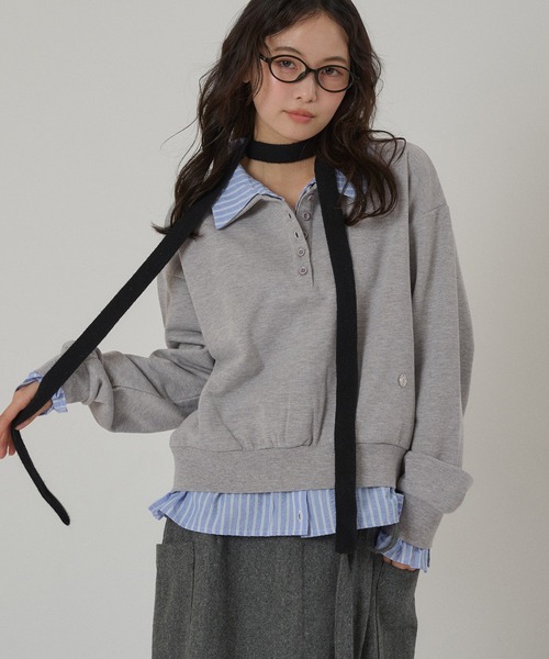 MUHET(ミュエータ)の「layered-like polo sweat top / レイヤード風ポロスウェット(スウェット・レディース・ネイビー/ブラウン/杢グレー・FREE)」の2枚目の写真