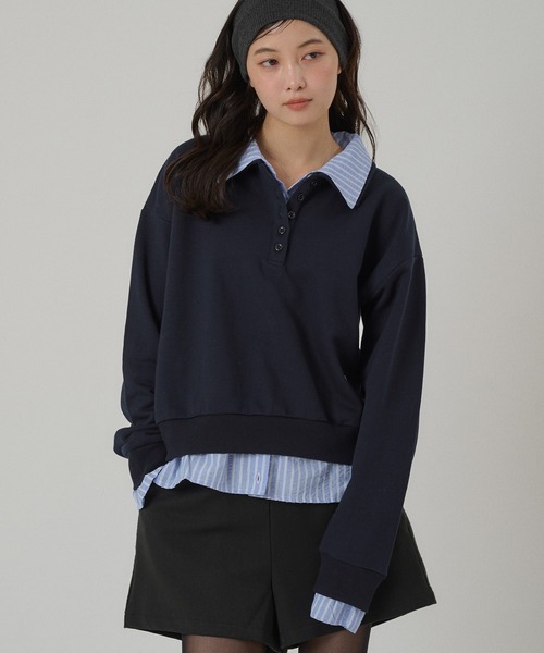 MUHET(ミュエータ)の「layered-like polo sweat top / レイヤード風ポロスウェット(スウェット・レディース・ネイビー/ブラウン/杢グレー・FREE)」の1枚目の写真