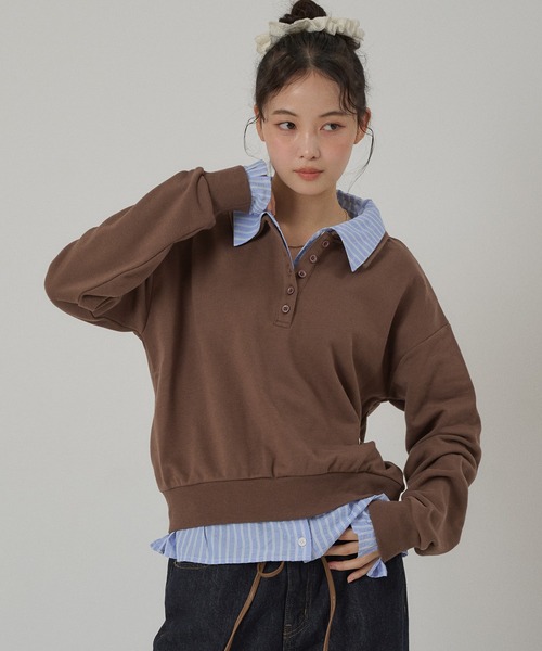 MUHET(ミュエータ)の「layered-like polo sweat top / レイヤード風ポロスウェット(スウェット・レディース・ネイビー/ブラウン/杢グレー・FREE)」の3枚目の写真