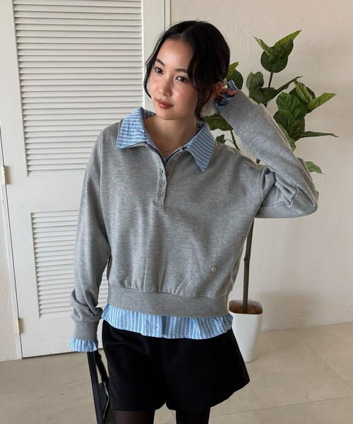 MUHET(ミュエータ)の「layered-like polo sweat top / レイヤード風ポロスウェット(スウェット・レディース・ネイビー/ブラウン/杢グレー・FREE)」の6枚目の写真