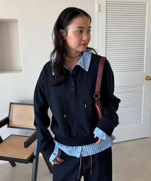 MUHET(ミュエータ)の「layered-like polo sweat top / レイヤード風ポロスウェット(スウェット・レディース・ネイビー/ブラウン/杢グレー・FREE)」の12枚目の写真