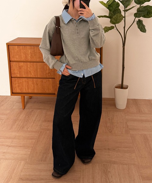 MUHET(ミュエータ)の「layered-like polo sweat top / レイヤード風ポロスウェット(スウェット・レディース・ネイビー/ブラウン/杢グレー・FREE)」の4枚目の写真