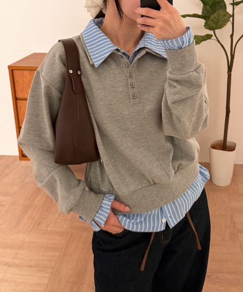 MUHET(ミュエータ)の「layered-like polo sweat top / レイヤード風ポロスウェット(スウェット・レディース・ネイビー/ブラウン/杢グレー・FREE)」の5枚目の写真