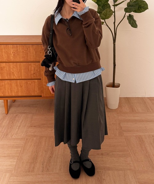 MUHET(ミュエータ)の「layered-like polo sweat top / レイヤード風ポロスウェット(スウェット・レディース・ネイビー/ブラウン/杢グレー・FREE)」の7枚目の写真