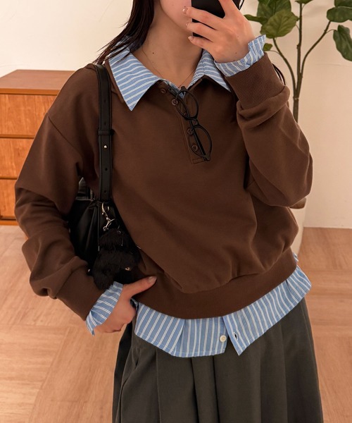 MUHET(ミュエータ)の「layered-like polo sweat top / レイヤード風ポロスウェット(スウェット・レディース・ネイビー/ブラウン/杢グレー・FREE)」の8枚目の写真