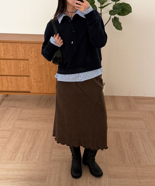 MUHET(ミュエータ)の「layered-like polo sweat top / レイヤード風ポロスウェット(スウェット・レディース・ネイビー/ブラウン/杢グレー・FREE)」の10枚目の写真