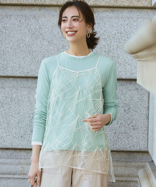 23区 L(ニジュウサンクオオキイサイズ)の「シアーフライス レイヤード ロンTEE(Tシャツ/カットソー・レディース・ブラック系/ホワイト系/スカイブルー系/ライトイエロー系/ピンク系/スモーキーグリーン系・44/46)」の3枚目の写真