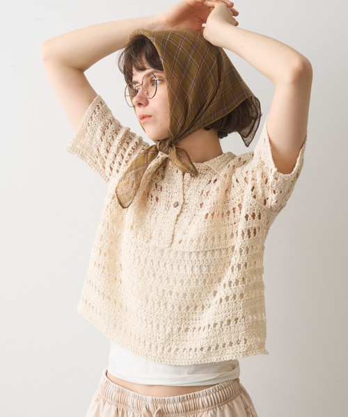 full/fill.（フルフィル）の「half sleeve crochet lace polo tops/ハーフスリーブクロシェレーストップス（ポロシャツ・レディース・ブラックミックス/ナチュラル/ブラック・FREE）」の2枚目の写真