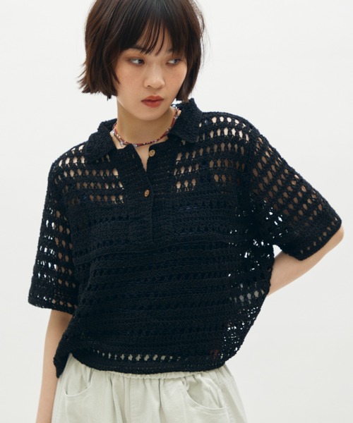 full/fill.（フルフィル）の「half sleeve crochet lace polo tops/ハーフスリーブクロシェレーストップス（ポロシャツ・レディース・ブラックミックス/ナチュラル/ブラック・FREE）」の3枚目の写真