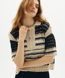 half sleeve crochet lace polo tops/ハーフスリーブクロシェレーストップス