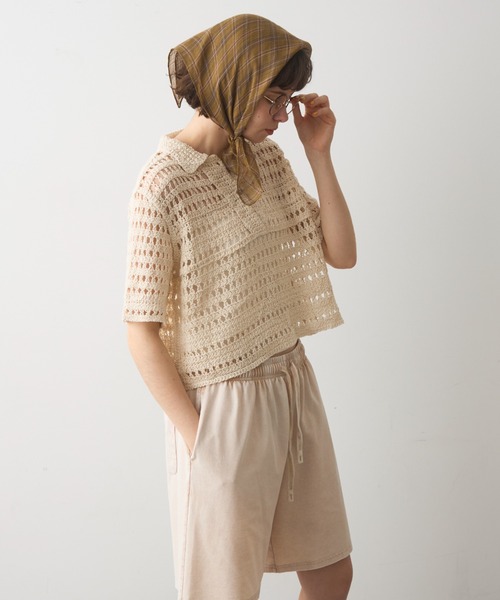full/fill.（フルフィル）の「half sleeve crochet lace polo tops/ハーフスリーブクロシェレーストップス（ポロシャツ・レディース・ブラックミックス/ナチュラル/ブラック・FREE）」の17枚目の写真
