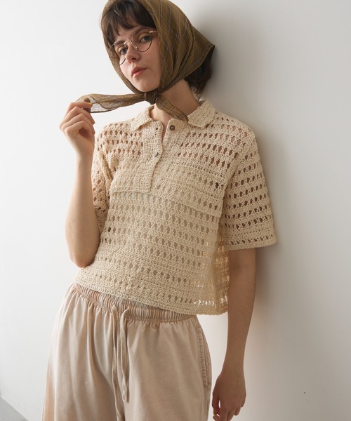 full/fill.（フルフィル）の「half sleeve crochet lace polo tops/ハーフスリーブクロシェレーストップス（ポロシャツ・レディース・ブラックミックス/ナチュラル/ブラック・FREE）」の18枚目の写真